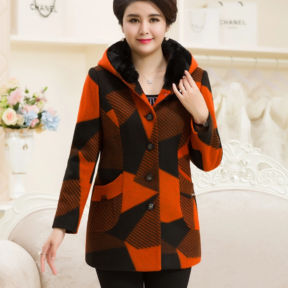 妈妈装毛领羊毛外套冬季新款时尚创意条纹中老年女装外婆大衣