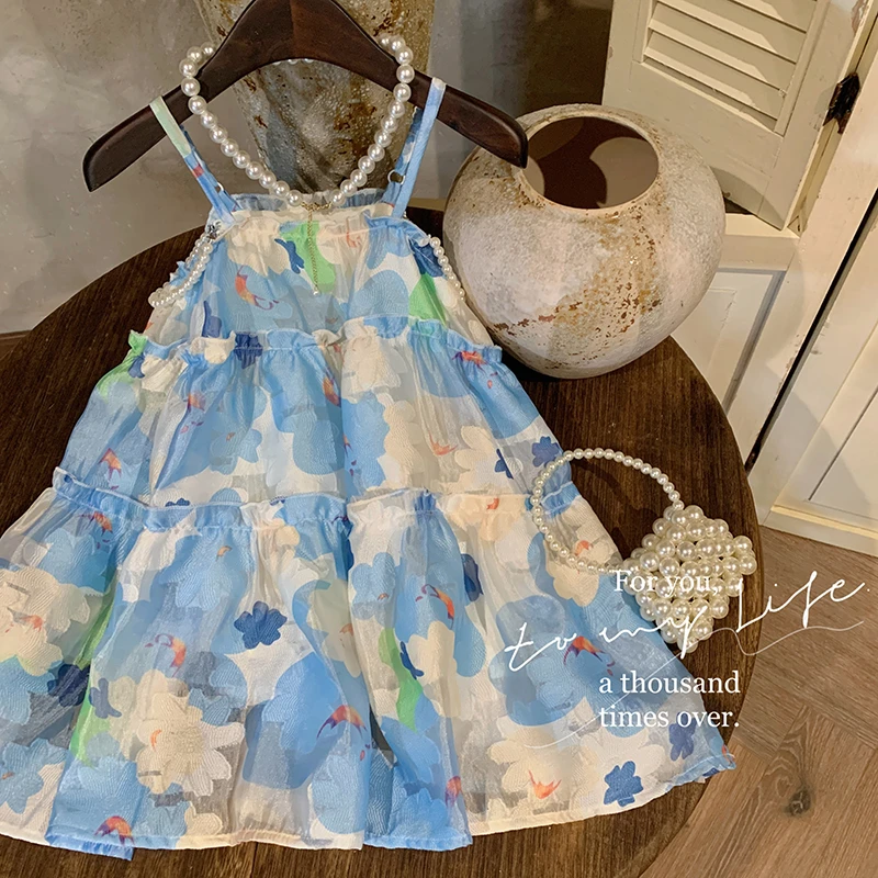 【本妈】“照月梨花落”女童夏季洋气蓝色碎花吊带公主裙NY0022 25‘
