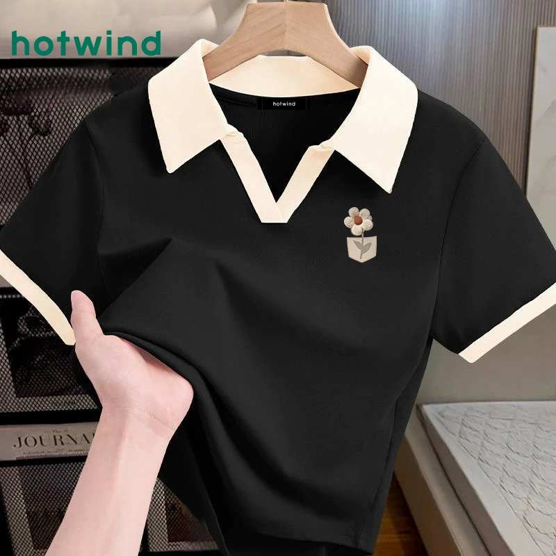 Hotwind/热风polo领短袖t恤女小众洋气女装短款上衣夏季撞色半袖