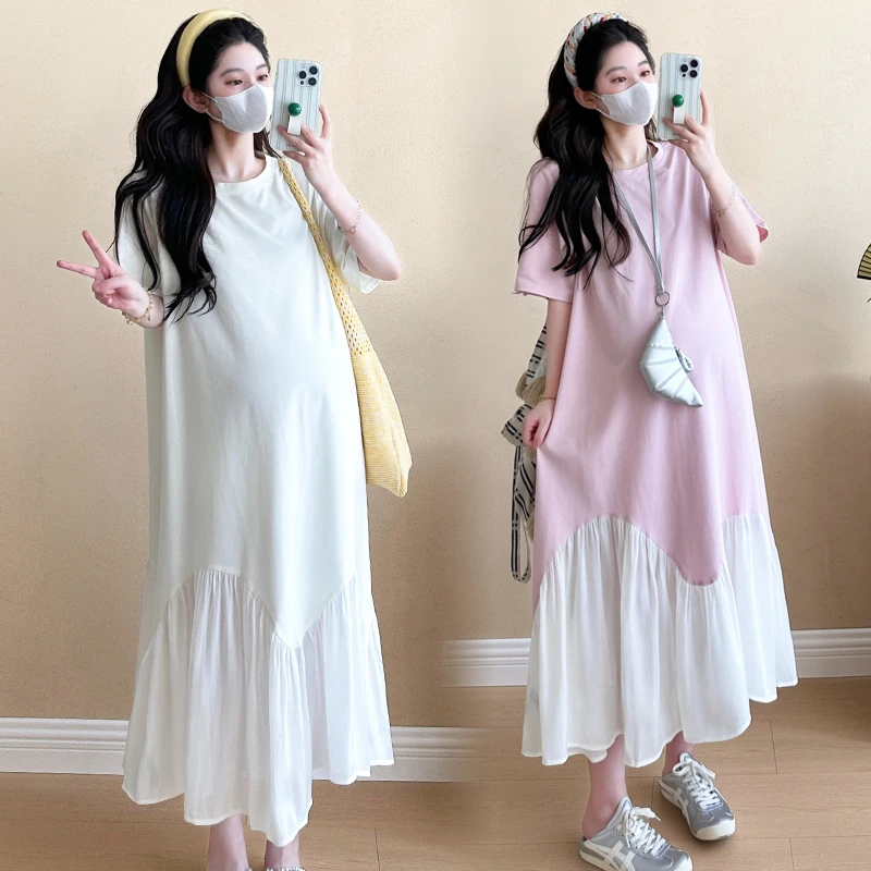 2025夏季孕妇裙新款时尚简约小清新拼接假两件宽松孕妇连衣裙
