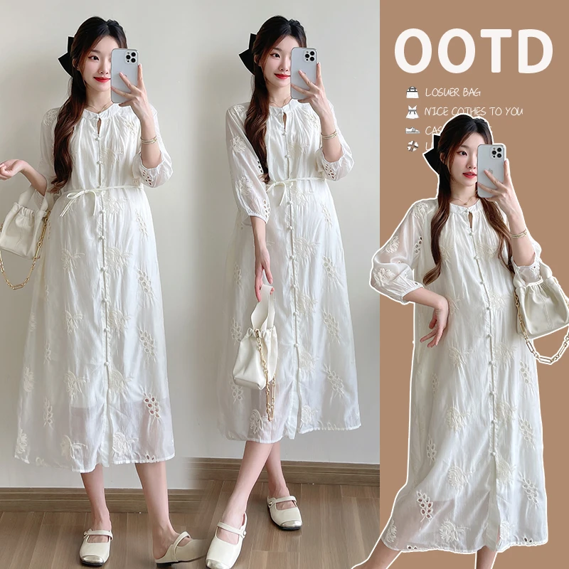孕妇夏装2025早春新款孕妇装设计感重工刺绣宽松遮肚显瘦连衣裙子
