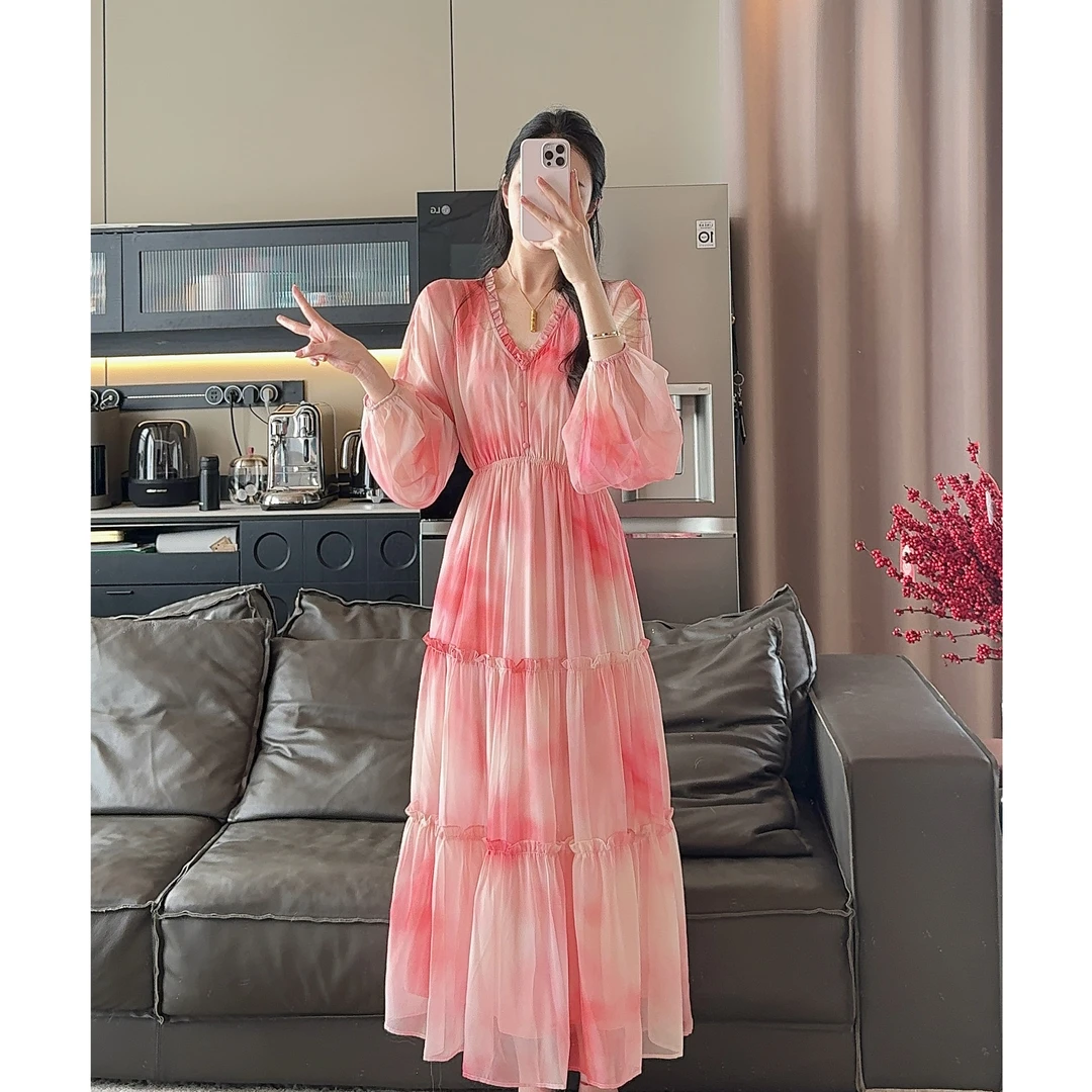 Zwinnie/詹维尼【锦鲤红】温柔风V领气质甜美仙女连衣裙 GYS202510