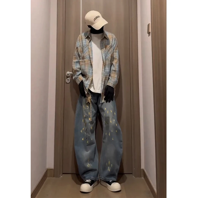 美式泼墨涂鸦弯刀牛仔裤男款秋季潮牌痞帅炸街裤子oversize阔腿裤