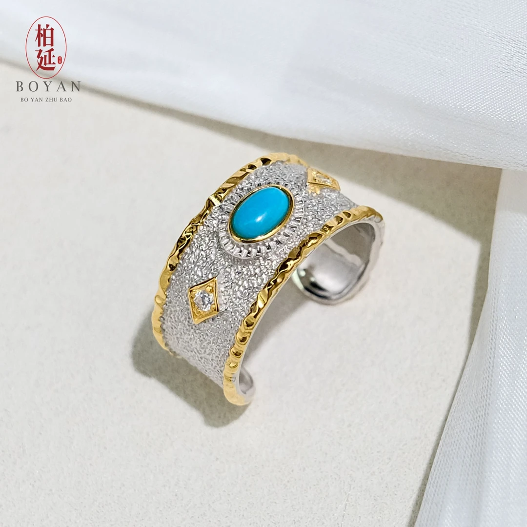 【柏延】绿松石戒指S925银宽版时尚百搭精美开口戒女款国风JY0007