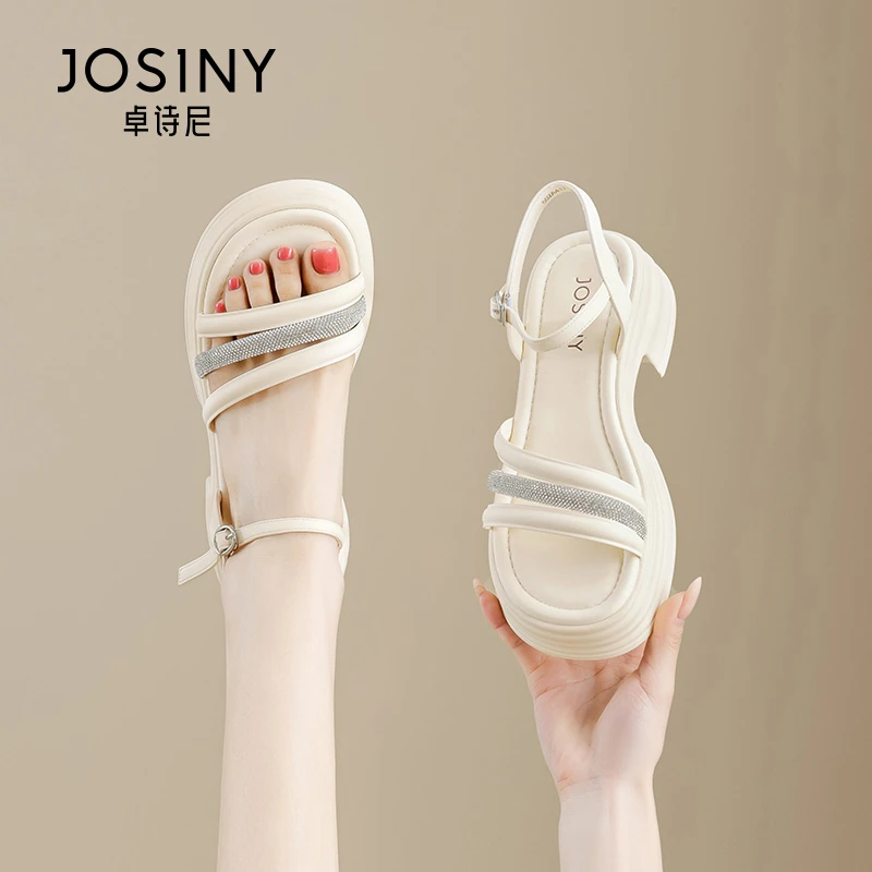 卓诗尼厚底凉鞋女2025夏季新款粗跟踩屎感一字带配裙子绝美沙滩鞋