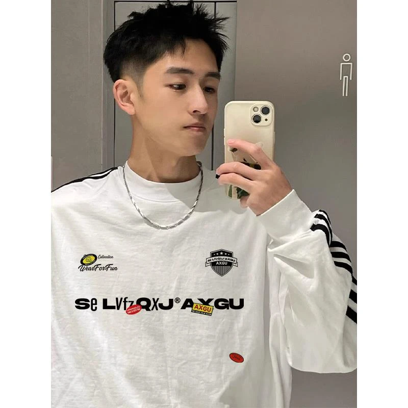 美式潮牌高街嘻哈字母圆领条纹长袖T恤男款秋季纯棉重磅打底上衣