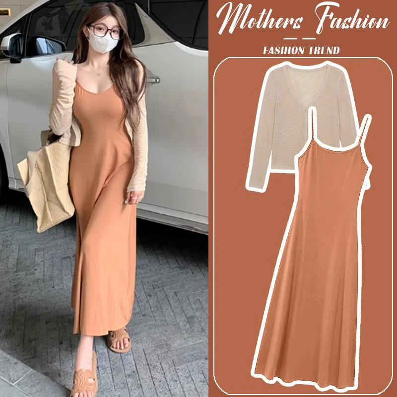 时髦洋气孕妇装显瘦连衣裙春夏季橘色辣妈开叉吊带裙开衫2025新款