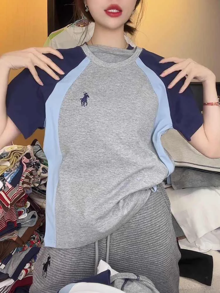 纯棉大码撞色小马刺绣短袖t恤女2025春夏新款修身显瘦时尚上衣女