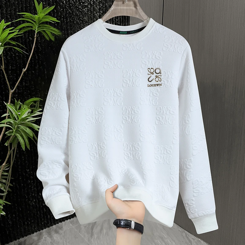 2025高级感男士圆领卫衣春秋新款潮牌个性长袖t恤潮流提花打底衫