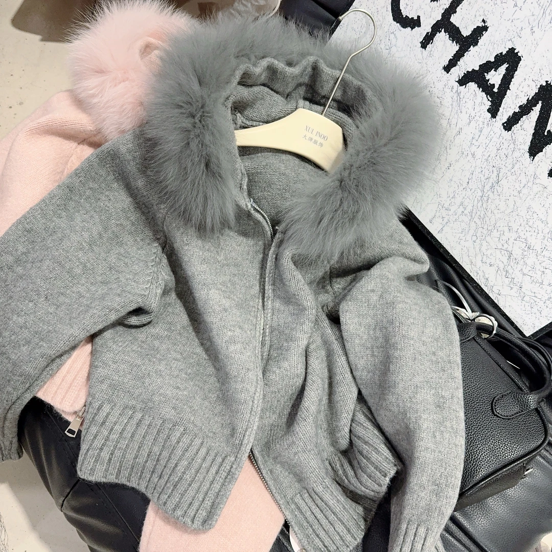丨秋冬新款灰色休闲时尚百搭连帽毛领拉链开衫针织衫 5408