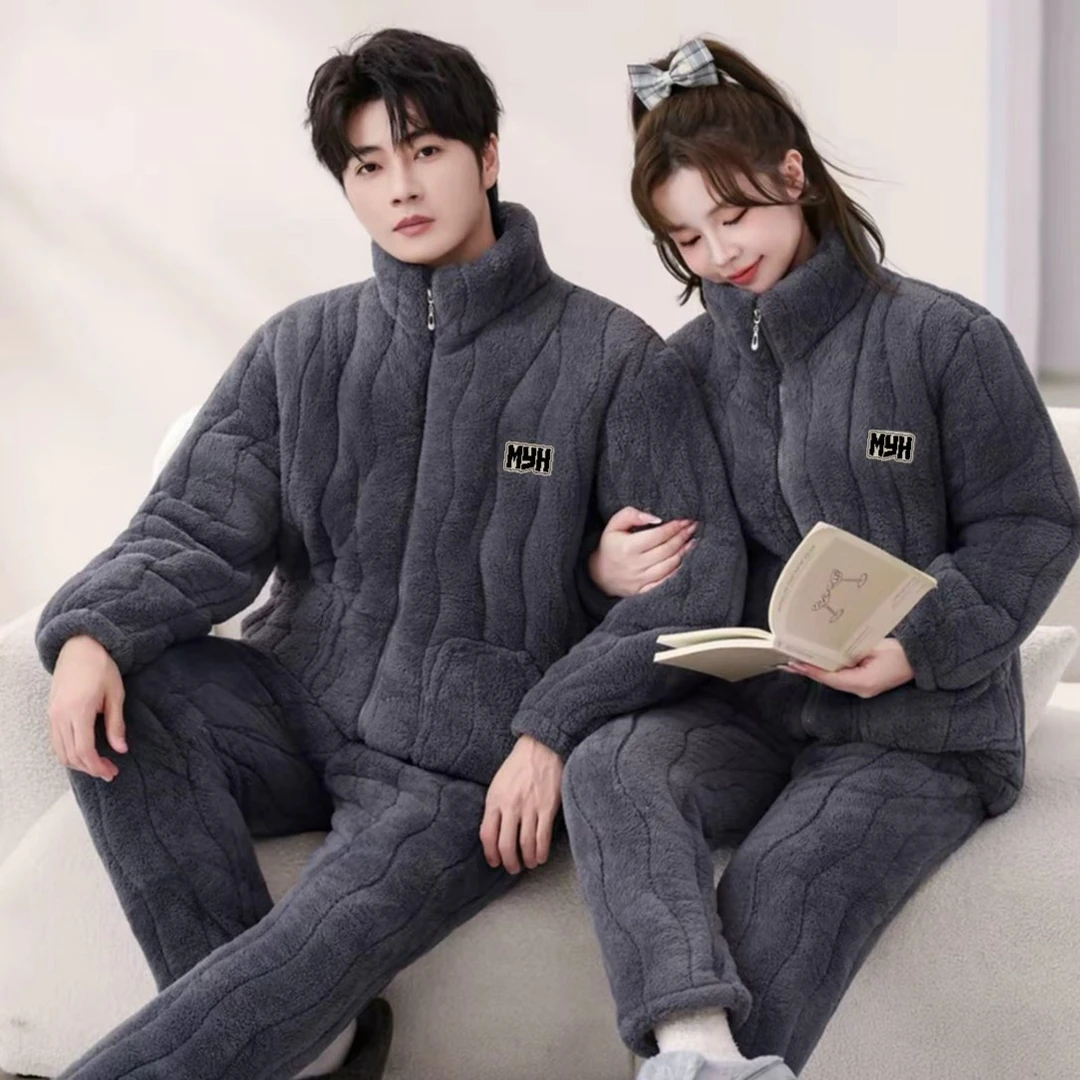 波纹拉链巨厚宽松睡衣冬季新款情侣款睡衣加绒保暖家居服