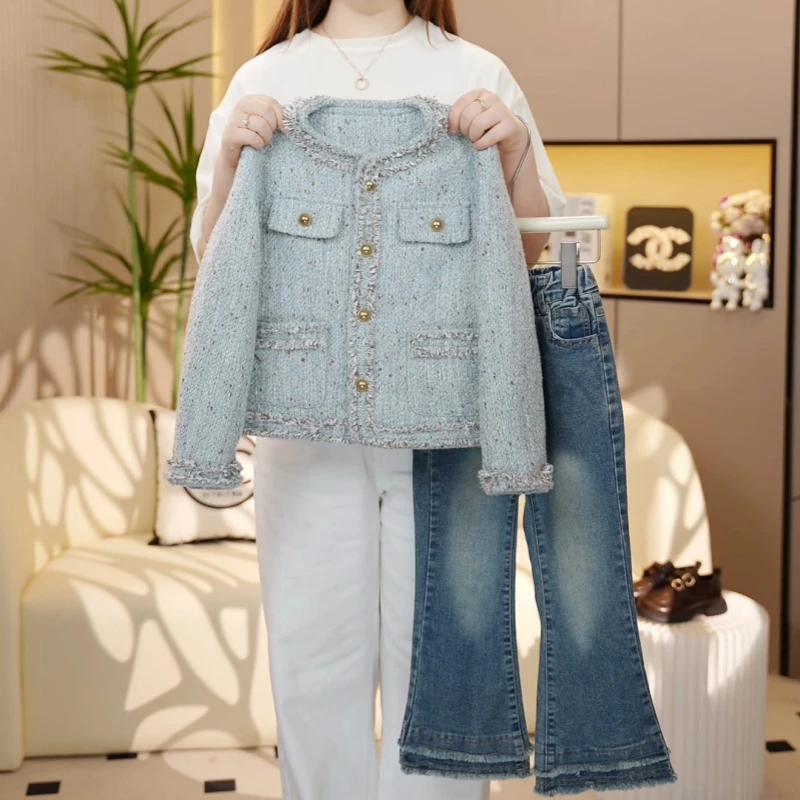 【糖宝魔豆】女童春季小香风外套新款时髦春装女孩上衣+牛仔裤套装