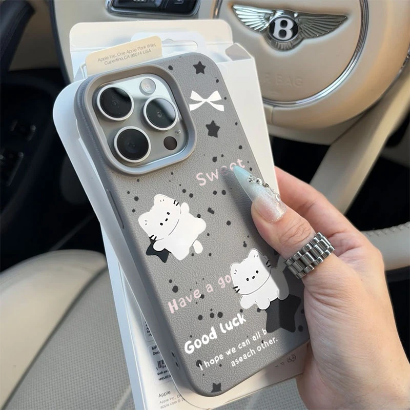 猫咪涂鸦星星适用苹果16p/15手机壳iPhone14promax13荔枝纹12软11