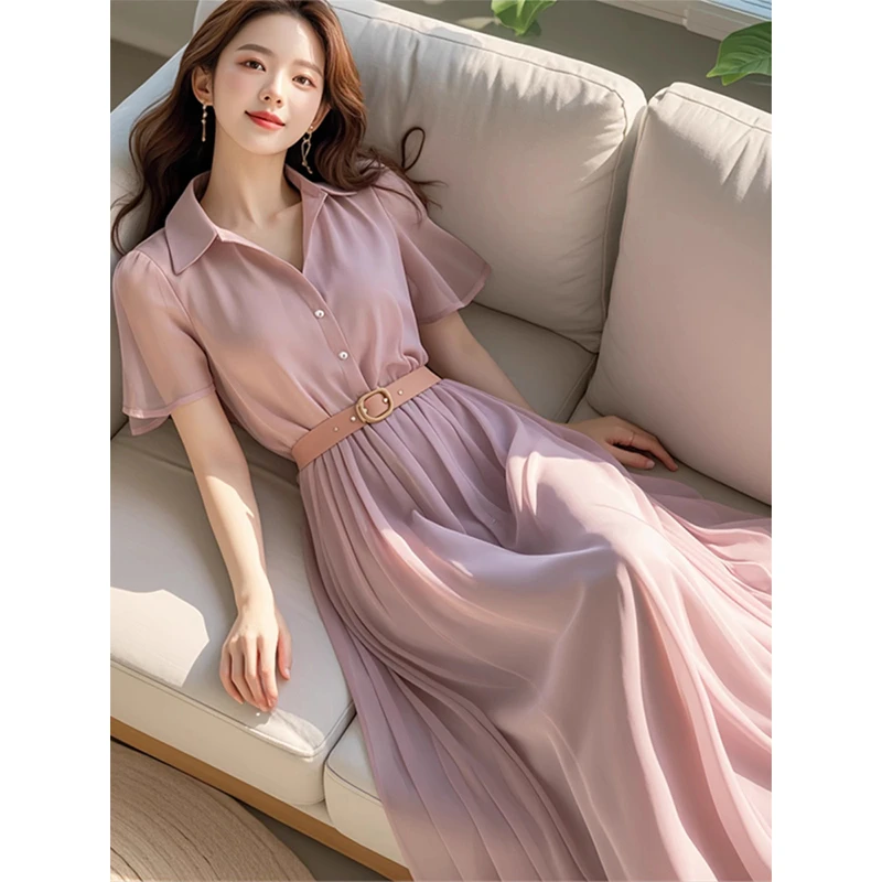 2025新款夏季今年流行的简单大方高级感紫色雪纺连衣裙子女装长裙