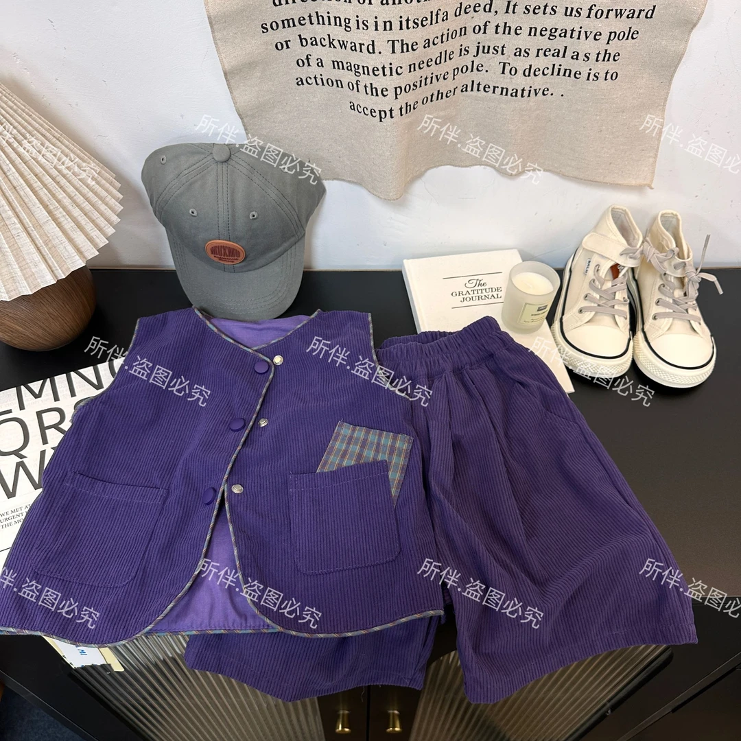 2674春夏款潮流时尚流行男女童条绒马甲短裤套装