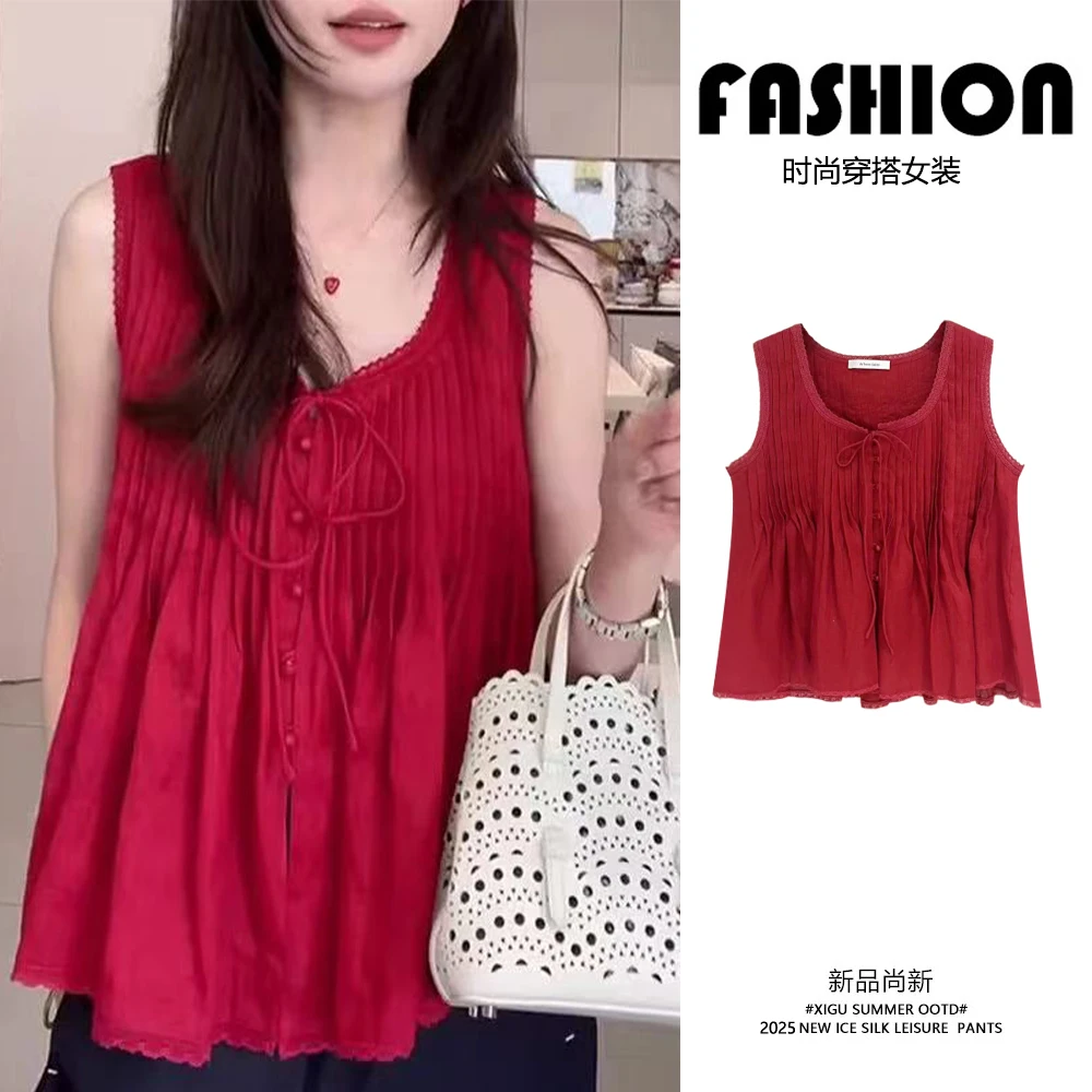 红色设计感褶皱无袖背心小衫女2025夏新款时尚V领百搭小个子上衣