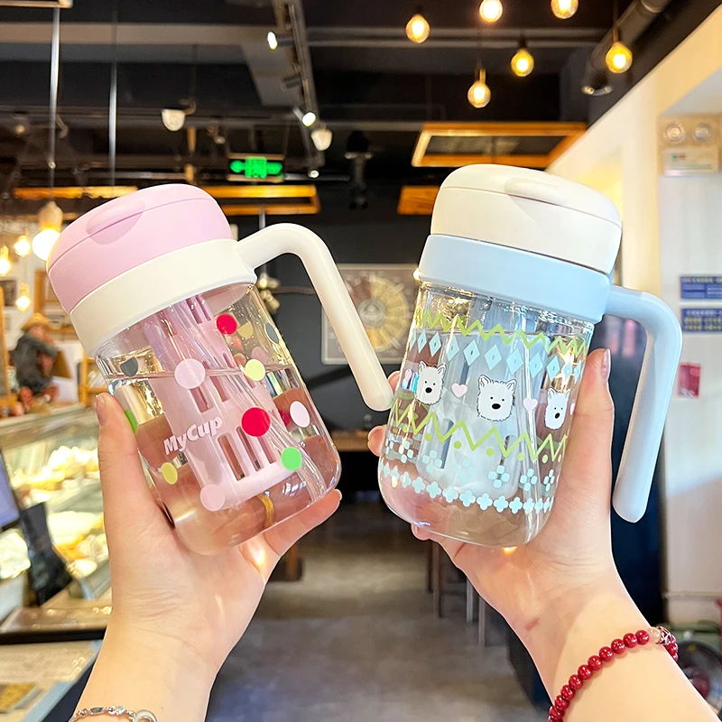 可爱玻璃水杯女生高颜值带手柄吸管杯办公室茶水分离杯子2025新款