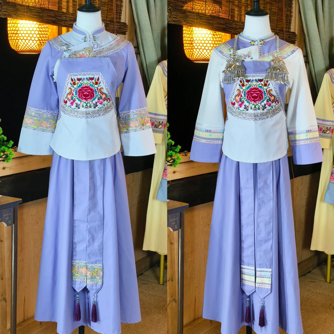 云南壮族贵州布依族民族服饰紫色套装改良版现代日常舞台穿搭套装