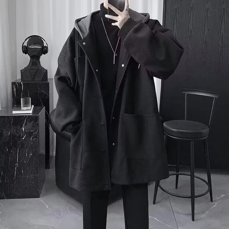 稻草人新款秋冬季男士毛呢大衣夹克风衣潮流带帽保暖加厚连帽宽松