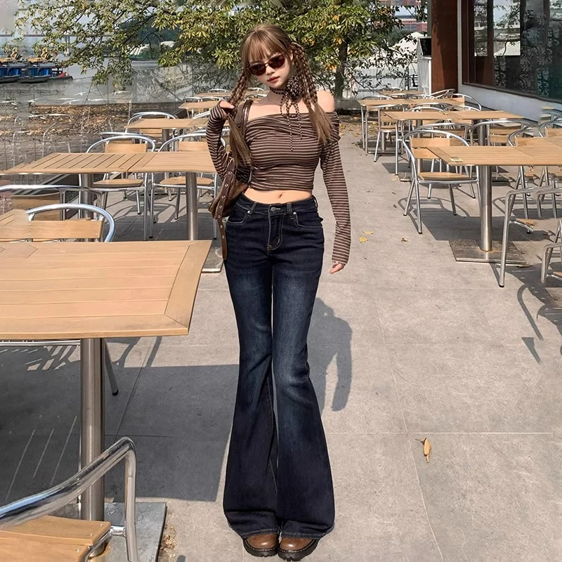 NORNLGGER 复古微喇叭牛仔裤女梨形辣妹低腰修身显瘦弹力马蹄裤
