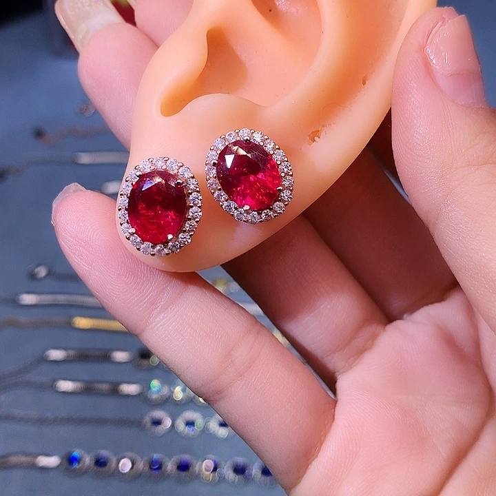 红宝石耳饰银S925镶嵌
