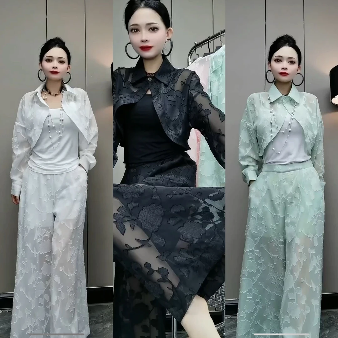 2592#zH时尚设计感提花薄款短防晒衬衫女宽松阔腿裤三件套装套装