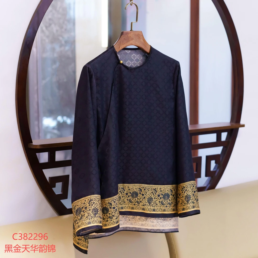 【锦系】真丝新中式国风桑蚕丝圆领斜襟长袖上衣C-382296