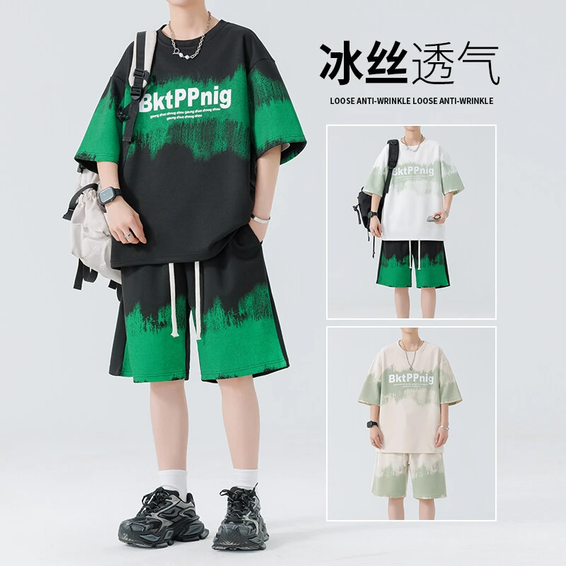 夏季新款痞帅港风休闲运动T恤ins炸街冰丝百搭男孩宽松短袖一套