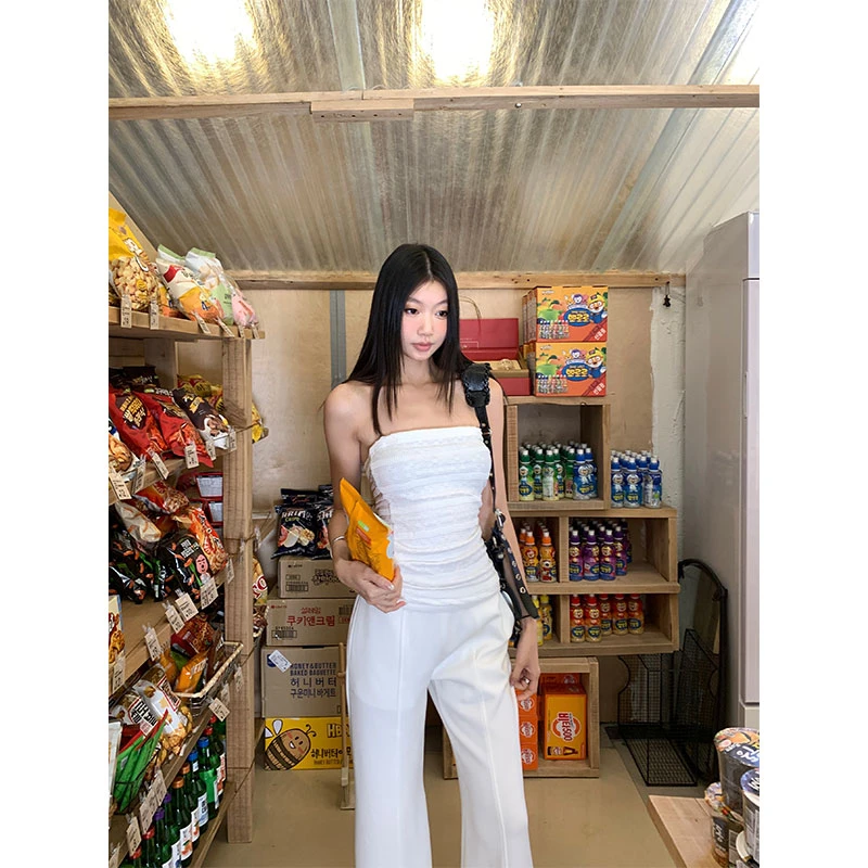 withmin凉皮 白无瑕 显瘦纯欲褶皱弹力显瘦抹胸背心上衣2522755