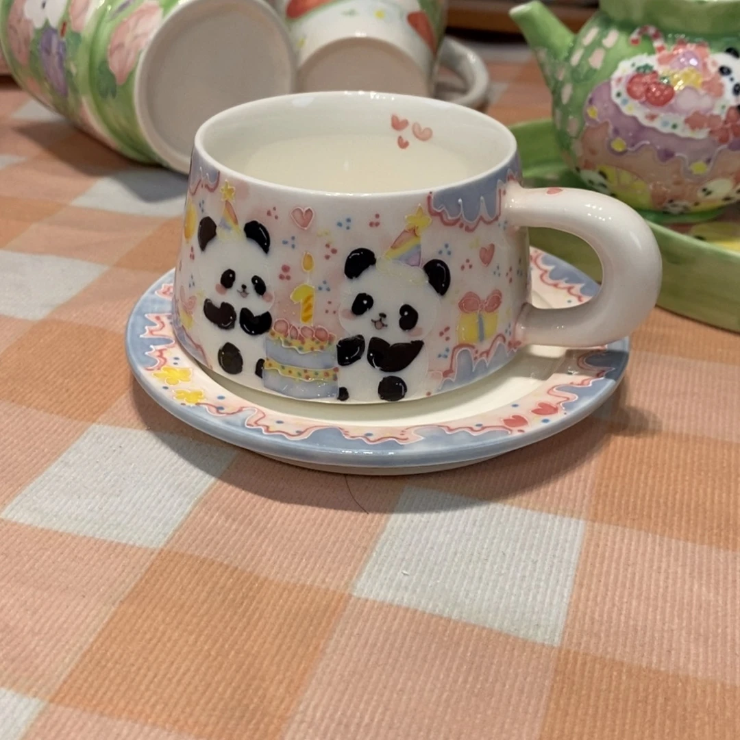 瓷片蛋糕熊猫咖啡杯微瑕