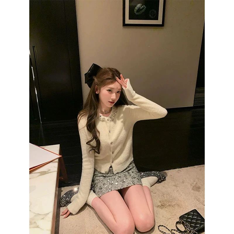 秋冬轻熟风软糯气质小个子修身长袖针织开衫高腰显瘦百搭亮片短裙