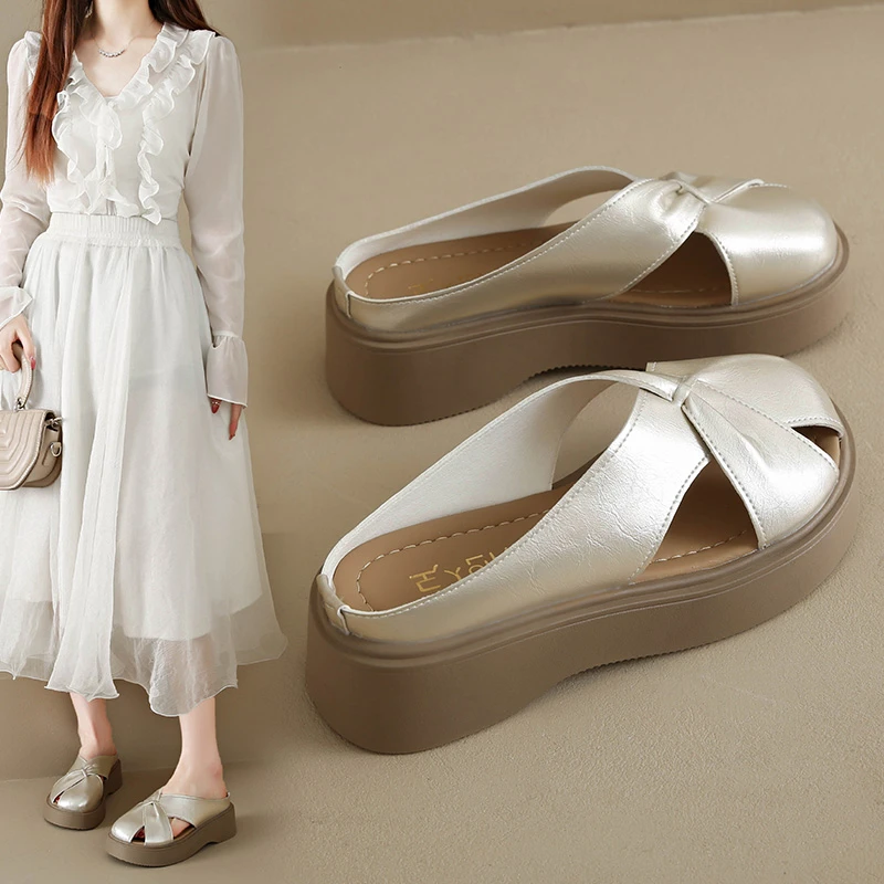 法式包头半拖女2025夏季新款厚底外穿凉拖懒人一脚蹬配裙子沙滩鞋