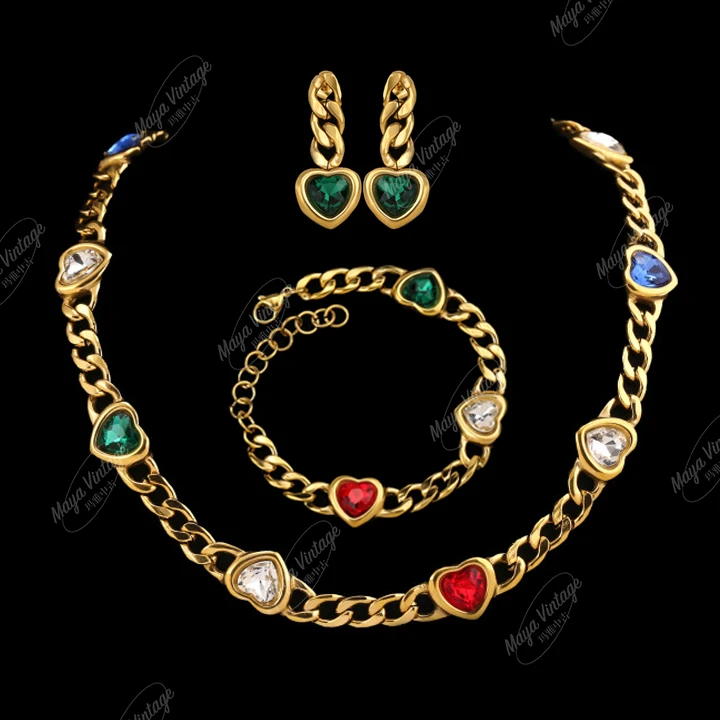 99新 玛雅中古 中古风彩色莱茵石项链耳钉手链/S613+S612+S609