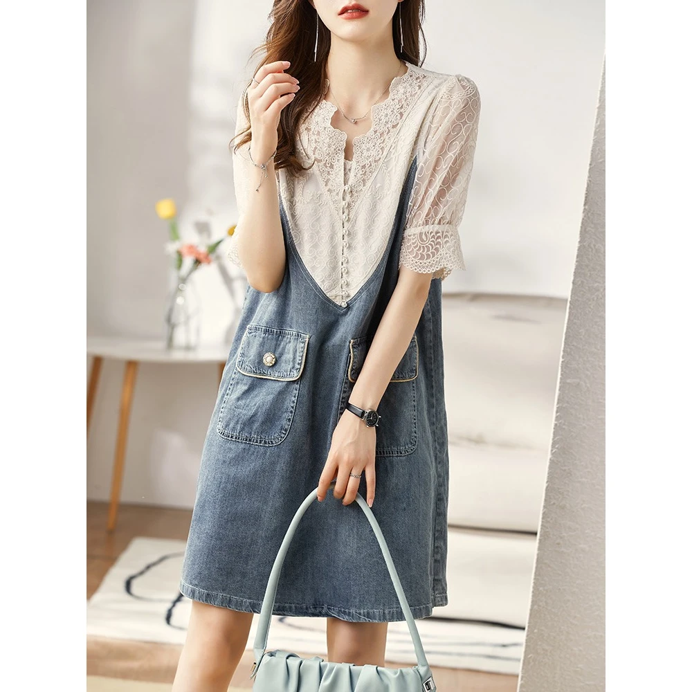 1706 V领假两件连衣裙女夏装新款宽松气质蕾丝拼接连衣裙