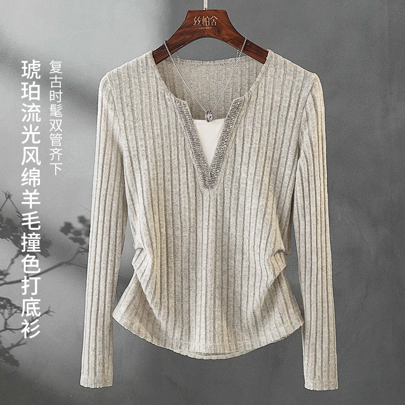 丝柏舍秋季修身显瘦钉珠V领假两件打底衫百搭老钱风女装S43B6754E