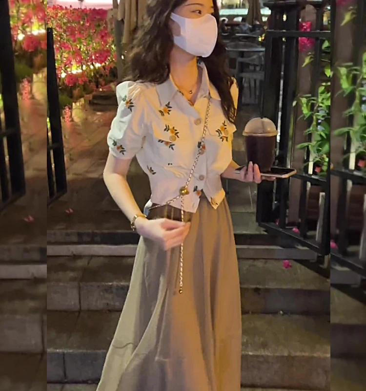 2025女夏季新款甜美减龄港味轻熟风刺绣花朵衬衫半身裙两件套裙