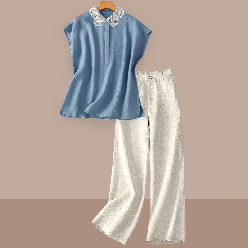 高端洋气苎麻套装女士妈妈夏装新款复古蕾丝镂空衬衫阔腿裤两件套