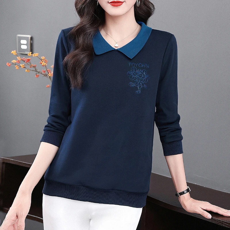 秋冬季大码长袖t恤女遮肉显瘦女士百搭上衣翻领洋气女打底衫新款