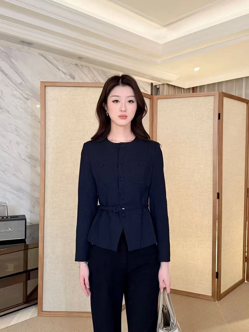 轻职风藏蓝色西装气质女神范长袖商务时尚套装显瘦休闲百搭
