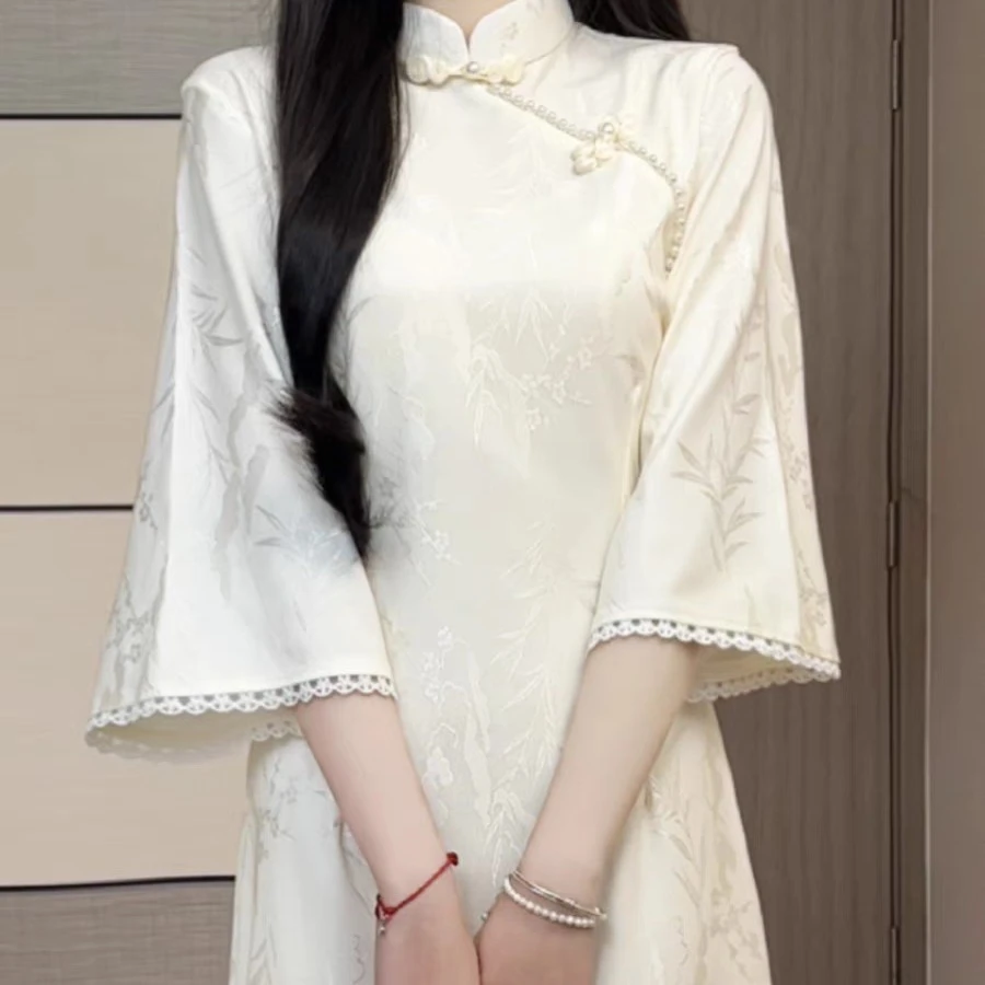 （若初）倒大袖改良旗袍淑女范绿色年轻优雅长裙子提花文艺日常