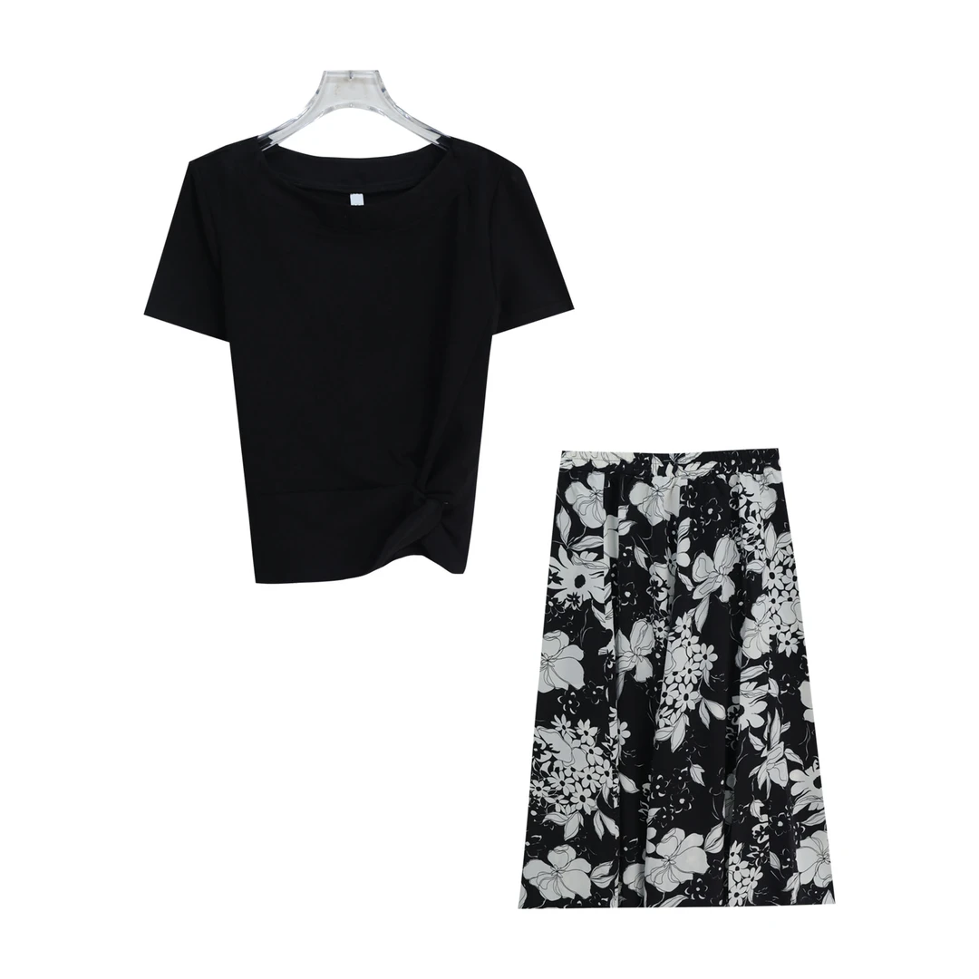 气质不规则显瘦短袖高腰印花半身裙套装S2215