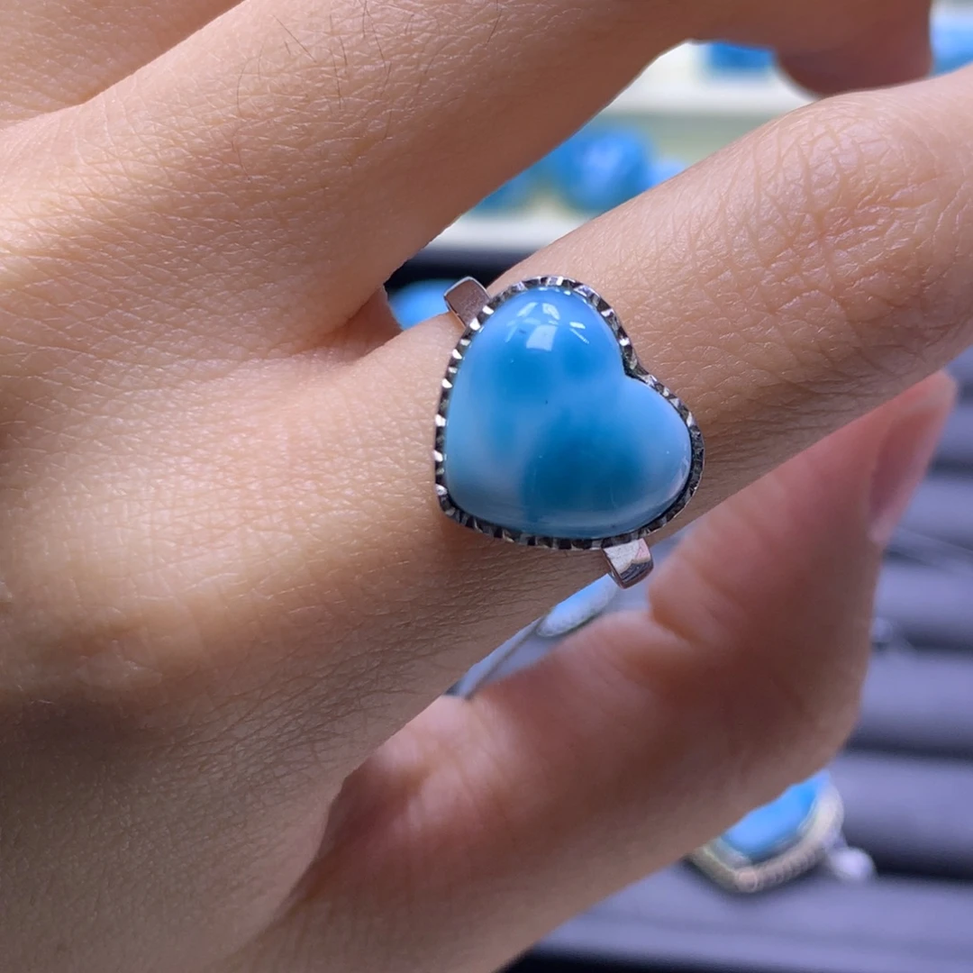 针钠钙石（海纹石）银S925镶嵌戒指爱心戒指色差略异