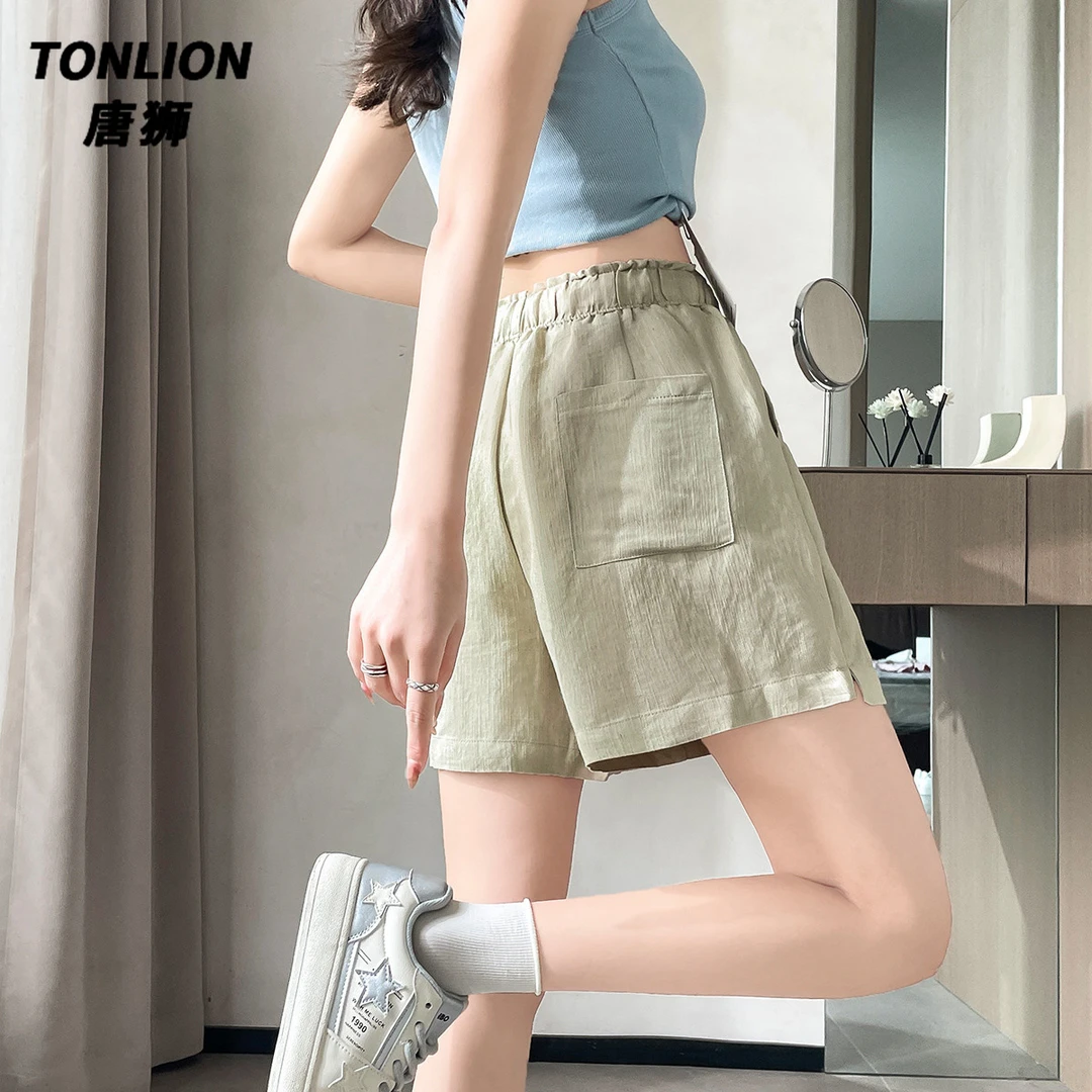 唐狮夏季亚麻薄款冰丝松紧腰显瘦减龄休闲短裤宽松休闲百搭直筒裤