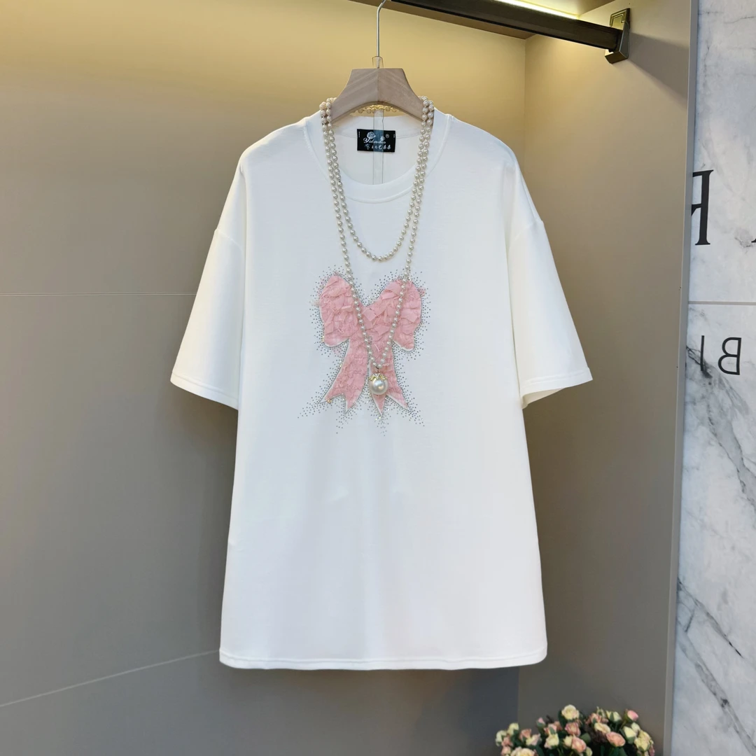 2025夏季新款大码女装上衣重工蝴蝶烫钻短袖T恤宽松遮肉中长款潮