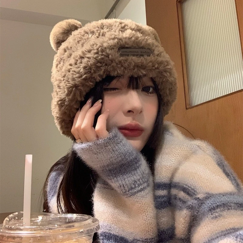可爱小熊耳朵针织帽子女秋冬季软糯毛绒大头围保暖毛线帽