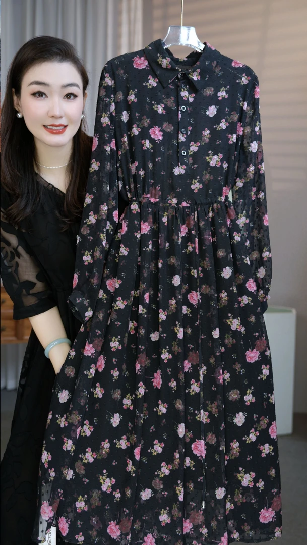 【人面桃花】&长袖时尚女装连衣裙 名媛法式收腰显瘦气质连衣裙