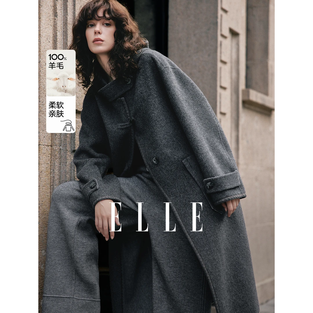 【100%绵羊毛】ELLE学院设计感毛呢外套女2025冬季羊毛大衣EN49633