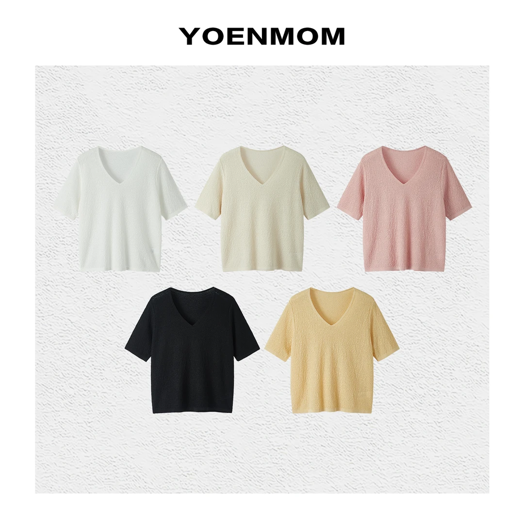 YOENMOM·春细语·春季新品 天丝亚麻肌理感chao柔软简约V领针织衫
