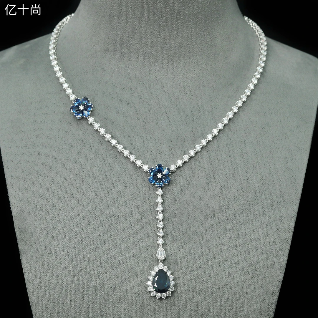 坠链均925银莫桑石 G 花朵水滴皇家蓝银项链不掉色个性YJCY221