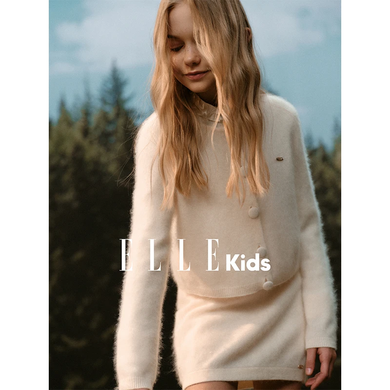 ELLEKIDS童装全羊毛温柔气质套装女童秋千金风开衫+半裙带底裤Q4